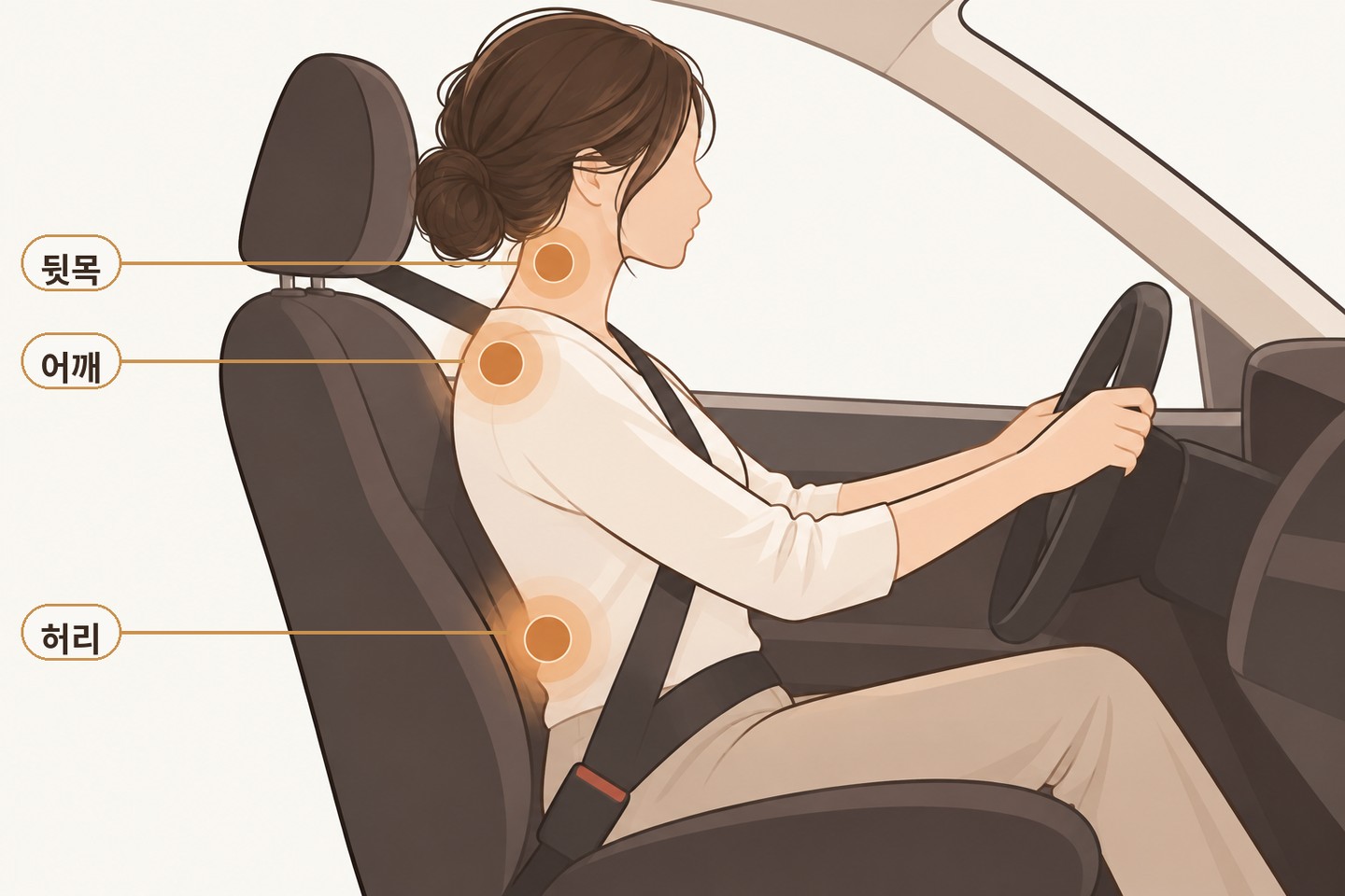 교통사고 후 통증이 흔한 목, 어깨, 허리 부위를 표시한 그림