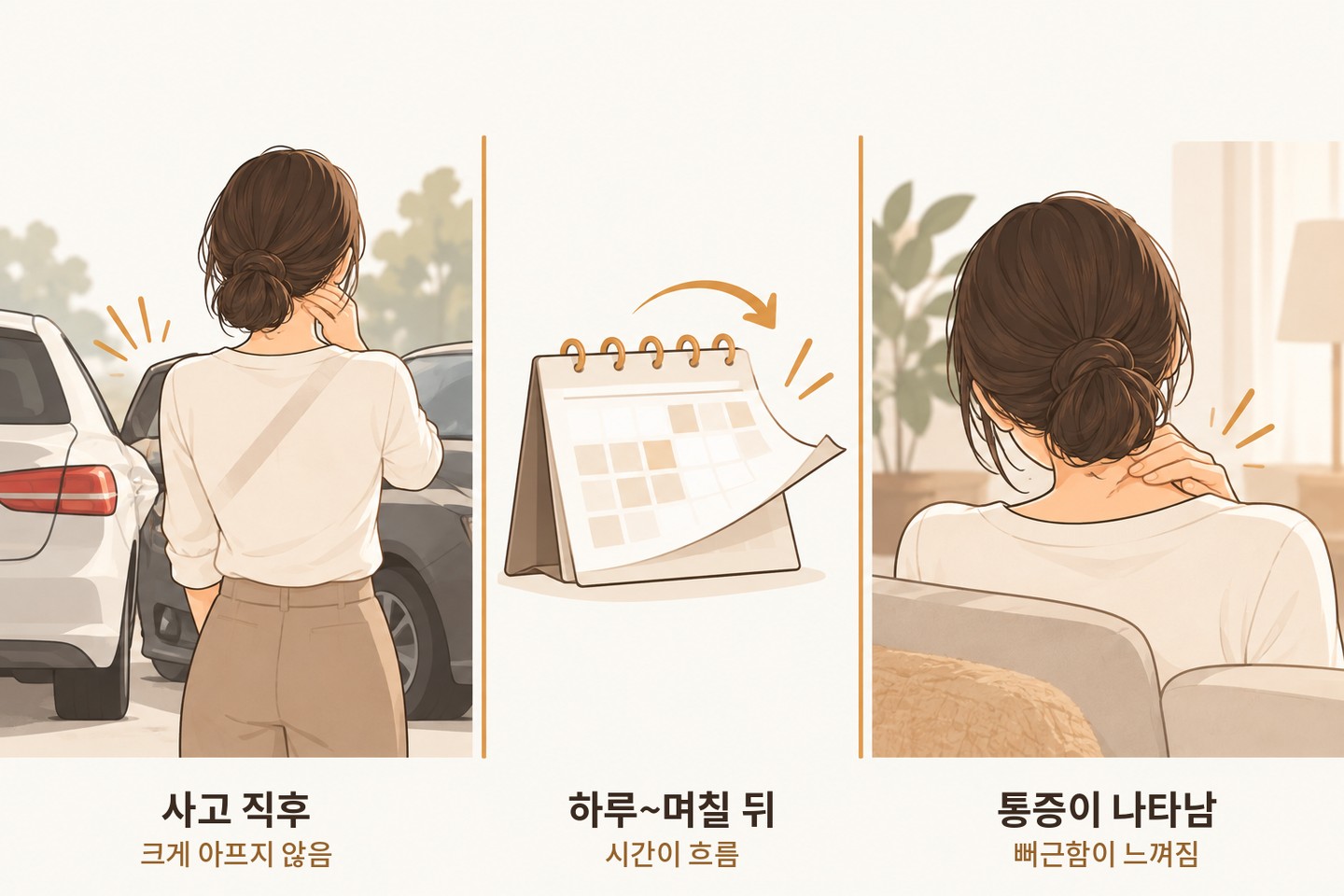 교통사고 직후와 며칠 뒤의 증상 변화를 나타낸 그림