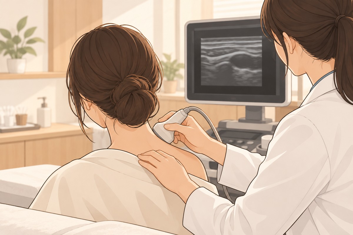 초음파로 목과 어깨 주변 구조를 확인하는 장면