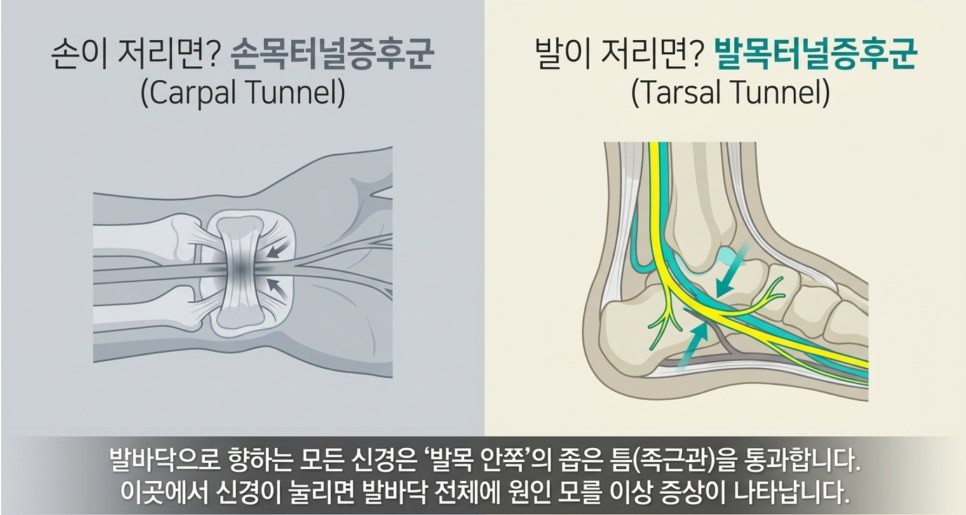 손목터널증후군과 족근관증후군 비교 도식